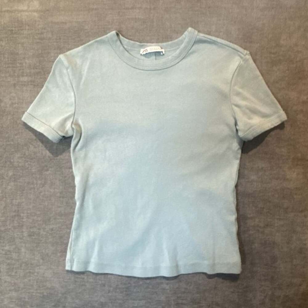 Zara T-Shirt Size S Dusty Blue Ribbed Short Sleeve Crewneck Top